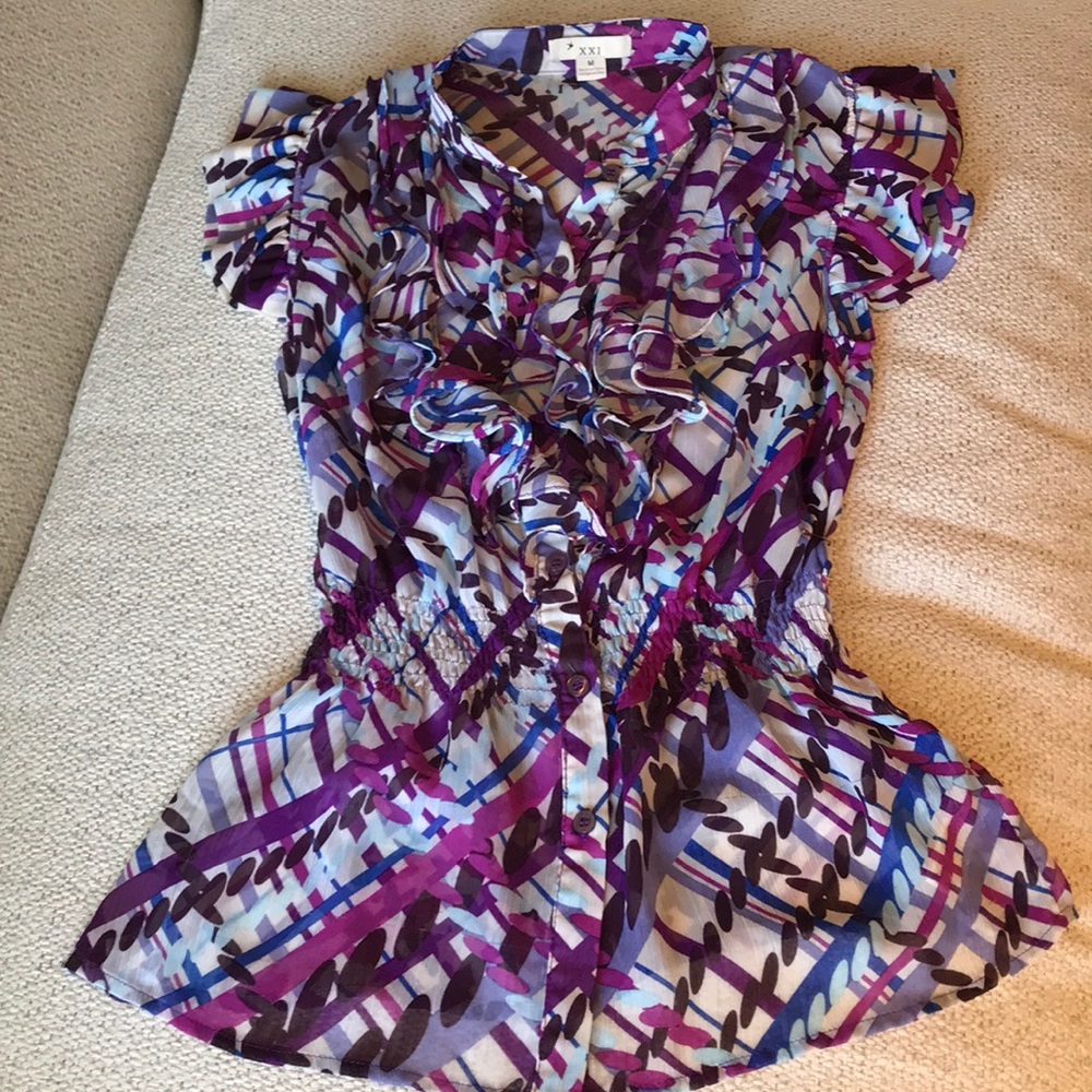 American Eagle white and purple button down blouse